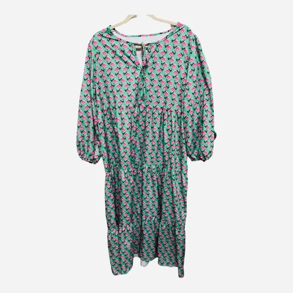 Bohemian Puff Sleeve Maxi Swing Dress Green Pink Floral Large Lightweight Party - Picture 2 of 7